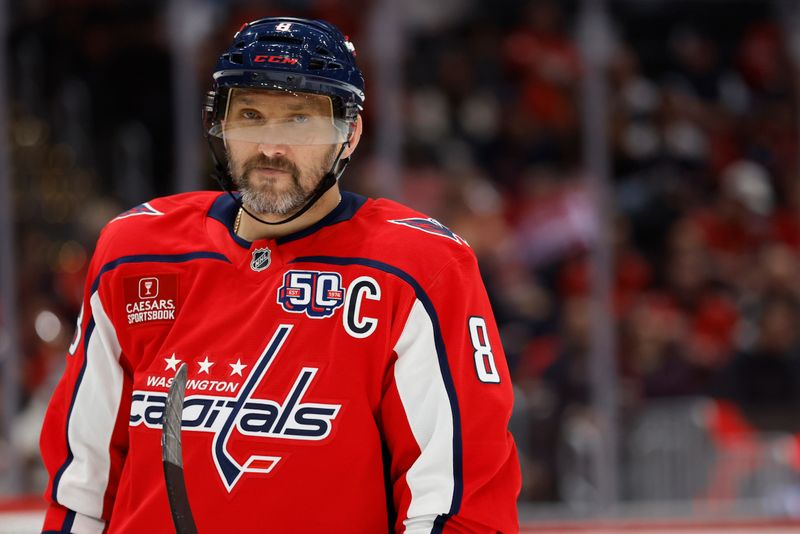 Oct 23, 2024; Washington, District of Columbia, USA; Washington Capitals left wing Alex Ovechkin (8) stands on the ice during a stoppage in play against the Philadelphia Flyers in the first period at Capital One Arena. Mandatory Credit: Geoff Burke-Imagn Images