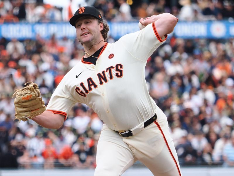 Aug 11, 2024; San Francisco, California, USA; San Francisco Giants relief pitcher Erik Miller (68) pitches the ball against the Detroit Tigers during the fifth inning at Oracle Park. Mandatory Credit: Kelley L Cox-USA TODAY Sports