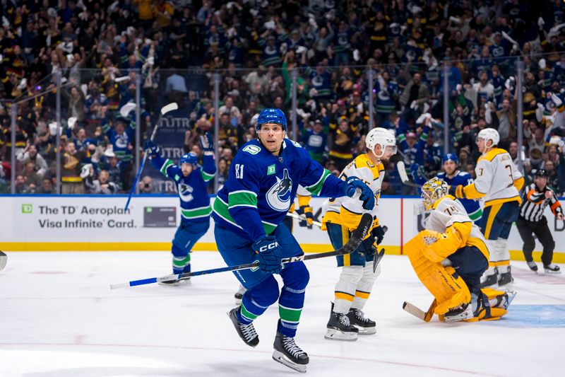 Apr 21, 2024; Vancouver, British Columbia, CAN; Vancouver Canucks forward Dakota Joshua (81) celebrates scoring the game winning goal against the Nashville Predators in the third period in game one of the first round of the 2024 Stanley Cup Playoffs at Rogers Arena. Mandatory Credit: Bob Frid-USA TODAY Sports