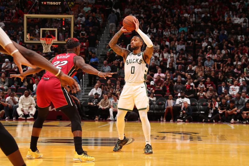 MIAMI, FL - NOVEMBER 26: Damian Lillard #0 of the Milwaukee Bucks handles the ball during the game against the Miami Heat during the Emirates NBA Cup game on November 26, 2024 at Kaseya Center in Miami, Florida. NOTE TO USER: User expressly acknowledges and agrees that, by downloading and or using this Photograph, user is consenting to the terms and conditions of the Getty Images License Agreement. Mandatory Copyright Notice: Copyright 2024 NBAE (Photo by Issac Baldizon/NBAE via Getty Images)