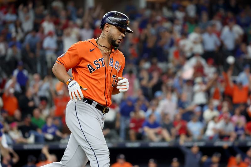 Oct 19, 2023; Arlington, Texas, USA; Houston Astros first baseman Jose Abreu (79) rounds the bases after hitting a three-run home run during the fourth inning in game four of the ALCS against the Texas Rangers for the 2023 MLB playoffs at Globe Life Field. Mandatory Credit: Kevin Jairaj-USA TODAY Sports