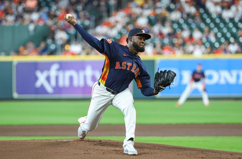 Apr 14, 2024; Houston, Texas, USA; Houston Astros pitcher Cristian Javier (53) delivers a pitch during the first inning against the Texas Rangers at Minute Maid Park. Mandatory Credit: Troy Taormina-USA TODAY Sports