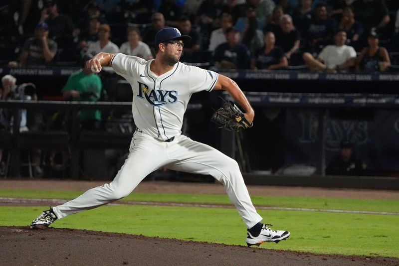 Sep 21, 2025; Tampa, Florida, USA; Tampa Bay Rays starting pitcher Joe Boyle (36) throws a pitch against the Boston Red Sox during the second inning at George M. Steinbrenner Field. Mandatory Credit: Dave Nelson-Imagn Images