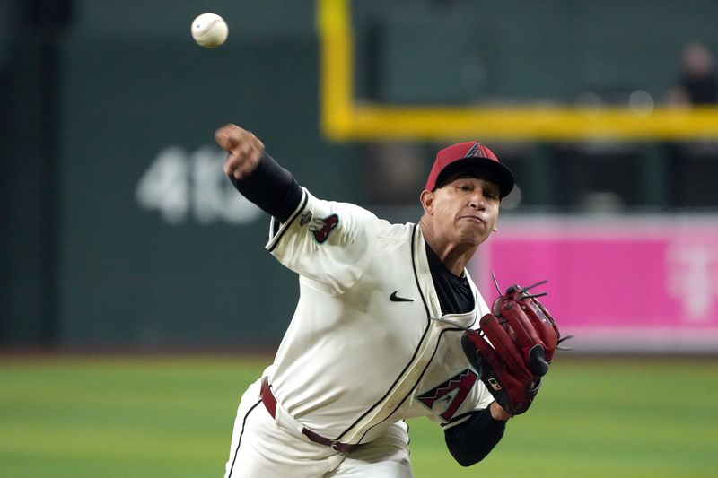 Jul 8, 2024; Phoenix, Arizona, USA; Arizona Diamondbacks pitcher Yilber Diaz (45) throws against the Atlanta Braves in the first inning at Chase Field. Mandatory Credit: Rick Scuteri-USA TODAY Sports