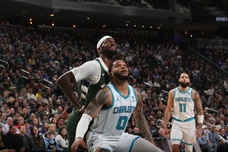 MILWAUKEE, WI - FEBRUARY 9: Miles Bridges #0 of the Charlotte Hornets boxes out during the game against the Milwaukee Bucks on February 9, 2024 at the Fiserv Forum Center in Milwaukee, Wisconsin. NOTE TO USER: User expressly acknowledges and agrees that, by downloading and or using this Photograph, user is consenting to the terms and conditions of the Getty Images License Agreement. Mandatory Copyright Notice: Copyright 2024 NBAE (Photo by Gary Dineen/NBAE via Getty Images).