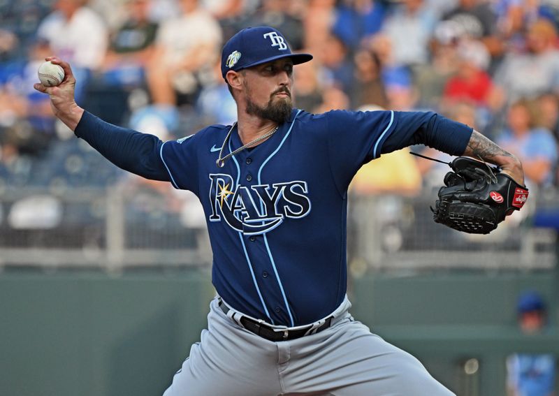 Jul 15, 2023; Kansas City, Missouri, USA;  Tampa Bay Rays starting pitcher Shawn Armstrong (64) delivers against the Kansas City Royals in the first inning at Kauffman Stadium. Mandatory Credit: Peter Aiken-USA TODAY Sports