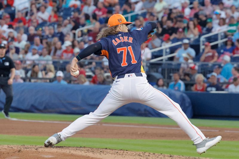 Mar 15, 2024; West Palm Beach, Florida, USA; Houston Astros relief pitcher Josh Hader (71) throws a pitch during the fifth inning against the Philadelphia Phillies at The Ballpark of the Palm Beaches. Mandatory Credit: Reinhold Matay-USA TODAY Sports