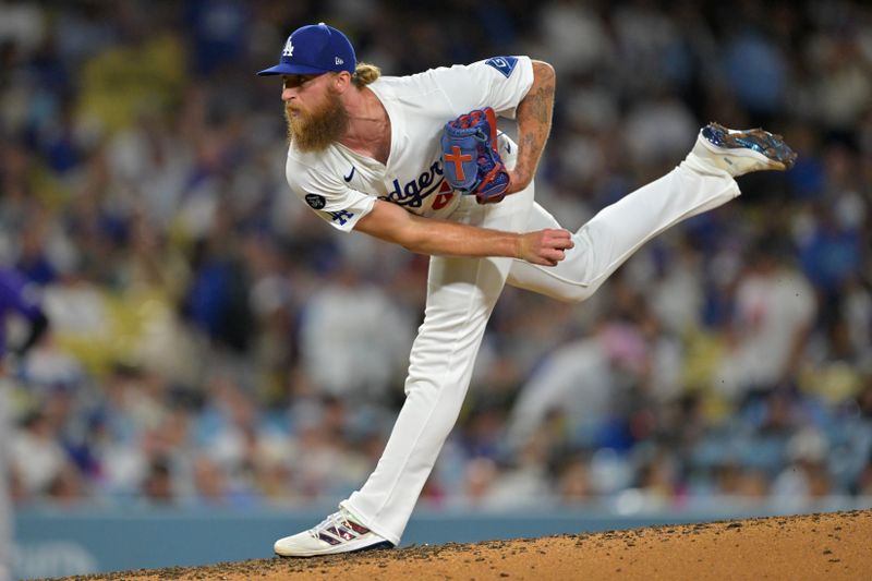 Sep 10, 2025; Los Angeles, California, USA;  Los Angeles Dodgers relief pitcher Michael Kopech (45) deivers during the seventh inning against the Colorado Rockies at Dodger Stadium. Mandatory Credit: Jayne Kamin-Oncea-Imagn Images