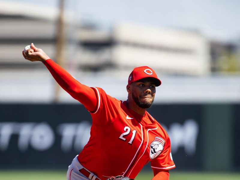 Mar 19, 2024; Tempe, Arizona, USA; Cincinnati Reds pitcher Hunter Greene against the Los Angeles Angels during a spring training game at Tempe Diablo Stadium. Mandatory Credit: Mark J. Rebilas-USA TODAY Sports