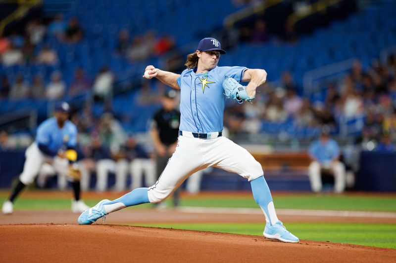 iMay 22, 2024; St. Petersburg, Florida, USA;  Tampa Bay Rays pitcher Ryan Pepiot (44) throws a pitch against the Boston Red Sox in the first inning at Tropicana Field. Mandatory Credit: Nathan Ray Seebeck-USA TODAY Sports