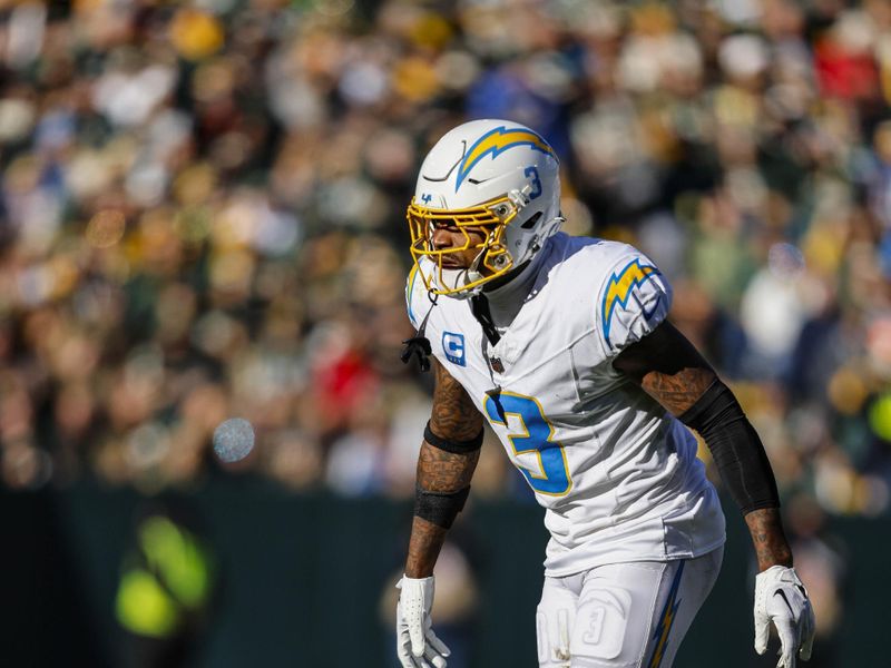 Los Angeles Chargers safety Derwin James Jr. (3) on defense during an NFL football game against the Green Bay Packers Sunday, Nov. 19, 2023, in Green Bay, Wis. (AP Photo/Jeffrey Phelps