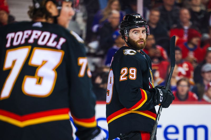 Jan 21, 2023; Calgary, Alberta, CAN; Calgary Flames center Dillon Dube (29) during the third period against the Tampa Bay Lightning at Scotiabank Saddledome. Mandatory Credit: Sergei Belski-USA TODAY Sports