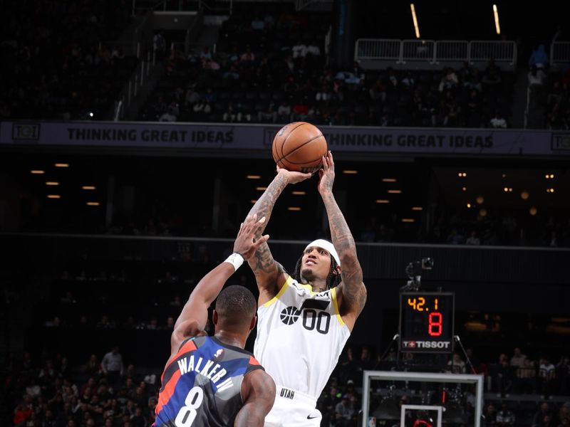 BROOKLYN, NY - JANUARY 29: Jordan Clarkson #00 of the Utah Jazz shoots the ball during the game against the Brooklyn Nets on January 29, 2024 at Barclays Center in Brooklyn, New York. NOTE TO USER: User expressly acknowledges and agrees that, by downloading and or using this Photograph, user is consenting to the terms and conditions of the Getty Images License Agreement. Mandatory Copyright Notice: Copyright 2024 NBAE (Photo by Nathaniel S. Butler/NBAE via Getty Images)