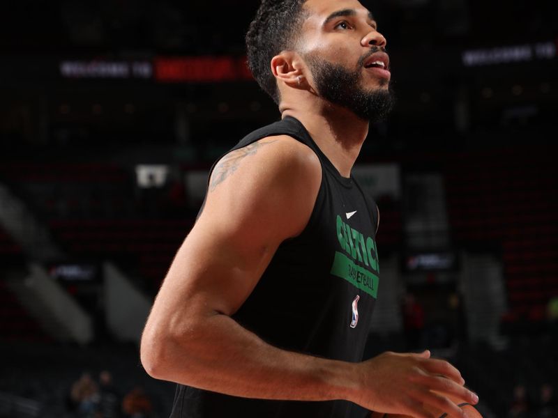 PORTLAND, OR - MARCH 11: Jayson Tatum #0 of the Boston Celtics warms up before the game against the Portland Trail Blazers on March 11, 2024 at the Moda Center Arena in Portland, Oregon. NOTE TO USER: User expressly acknowledges and agrees that, by downloading and or using this photograph, user is consenting to the terms and conditions of the Getty Images License Agreement. Mandatory Copyright Notice: Copyright 2024 NBAE (Photo by Cameron Browne/NBAE via Getty Images)