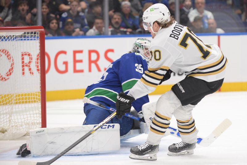 Feb 24, 2024; Vancouver, British Columbia, CAN;  Boston Bruins forward Jesper Boqvist (70) scores against Vancouver Canucks goaltender Thatcher Demko (35) during the second period at Rogers Arena. Mandatory Credit: Anne-Marie Sorvin-USA TODAY Sports