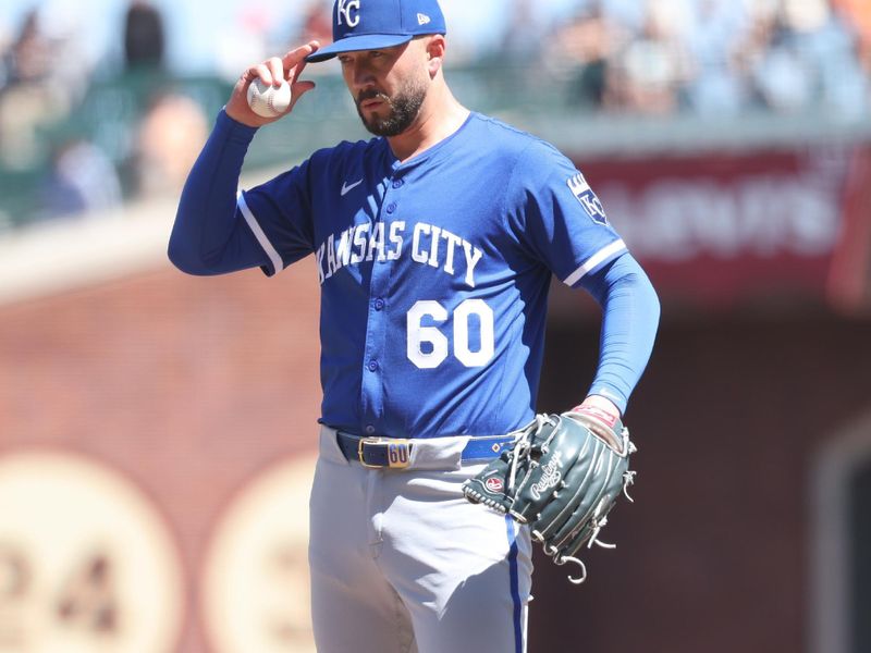May 21, 2025; San Francisco, California, USA; Kansas City Royals relief pitcher Lucas Erceg (60) adjusts his hat during the ninth inning against the San Francisco Giants at Oracle Park. Mandatory Credit: Kelley L Cox-Imagn Images