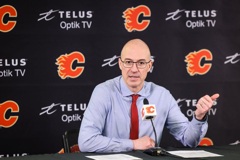 Feb 19, 2024; Calgary, Alberta, CAN; Calgary Flames head coach Ryan Huska during interview after the game against the Winnipeg Jets at Scotiabank Saddledome. Mandatory Credit: Sergei Belski-USA TODAY Sports