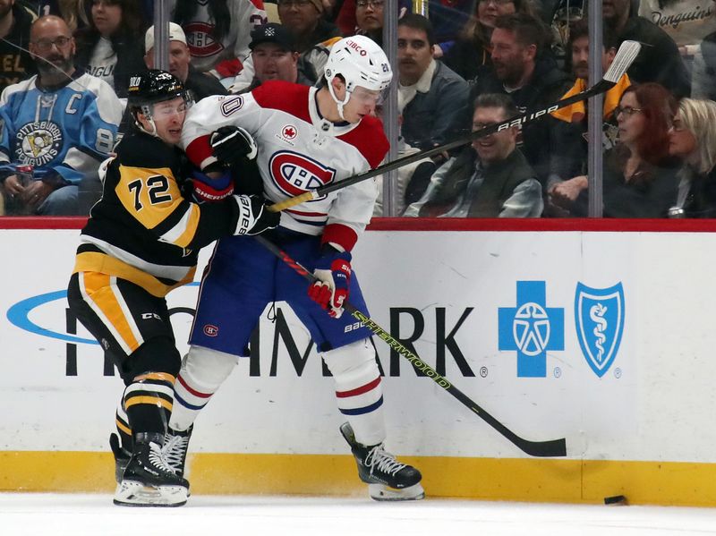 Nov 2, 2024; Pittsburgh, Pennsylvania, USA;  Pittsburgh Penguins left wing Anthony Beauvillier (72) pressures Montreal Canadiens left wing Juraj Slafkovsky (20) during the third period at PPG Paints Arena. Mandatory Credit: Charles LeClaire-Imagn Images