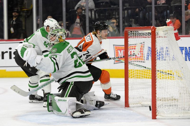 Jan 18, 2024; Philadelphia, Pennsylvania, USA; Philadelphia Flyers right wing Owen Tippett (74) scores a  goal against Dallas Stars defenseman Joel Hanley (44) and goaltender Jake Oettinger (29) during the third period at Wells Fargo Center. Mandatory Credit: Eric Hartline-USA TODAY Sports