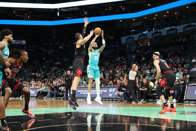 CHARLOTTE, NC - JANUARY 31: Cody Martin #11 of the Charlotte Hornets shoots the ball during the game against the Chicago Bulls on January 31, 2024 at Spectrum Center in Charlotte, North Carolina. NOTE TO USER: User expressly acknowledges and agrees that, by downloading and or using this photograph, User is consenting to the terms and conditions of the Getty Images License Agreement.  Mandatory Copyright Notice:  Copyright 2024 NBAE (Photo by Brock Williams-Smith/NBAE via Getty Images)