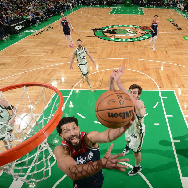 BOSTON, MA - APRIL 14: Anthony Gill #16 of the Washington Wizards drives to the basket during the game  against the Boston Celtics on April 14, 2024 at the TD Garden in Boston, Massachusetts. NOTE TO USER: User expressly acknowledges and agrees that, by downloading and or using this photograph, User is consenting to the terms and conditions of the Getty Images License Agreement. Mandatory Copyright Notice: Copyright 2024 NBAE  (Photo by Brian Babineau/NBAE via Getty Images)