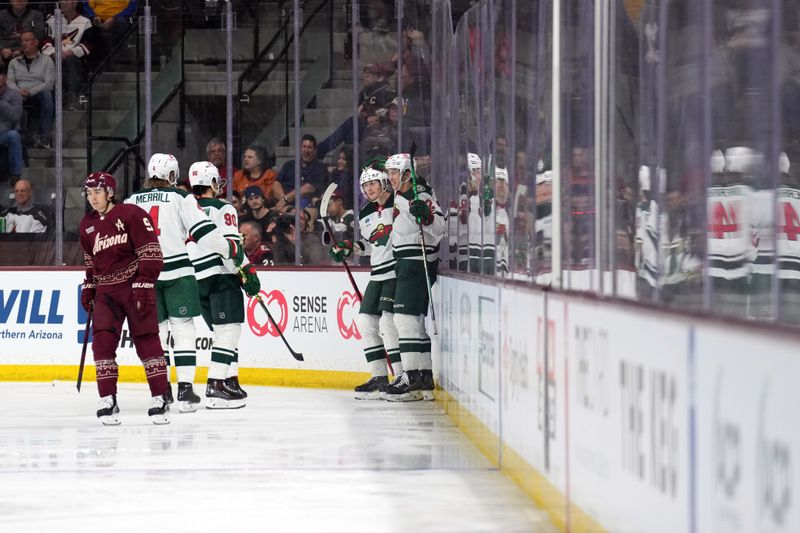 Mar 12, 2023; Tempe, Arizona, USA; Minnesota Wild left wing Matt Boldy (12) celebrates a goal against the Arizona Coyotes during the second period at Mullett Arena. Mandatory Credit: Joe Camporeale-USA TODAY Sports