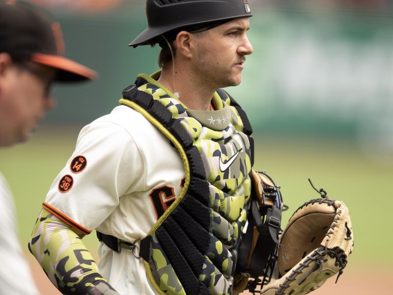 May 20, 2023; San Francisco, California, USA; San Francisco Giants catcher Patrick Bailey takes the field against the Miami Marlins during the first inning at Oracle Park. Mandatory Credit: D. Ross Cameron-USA TODAY Sports