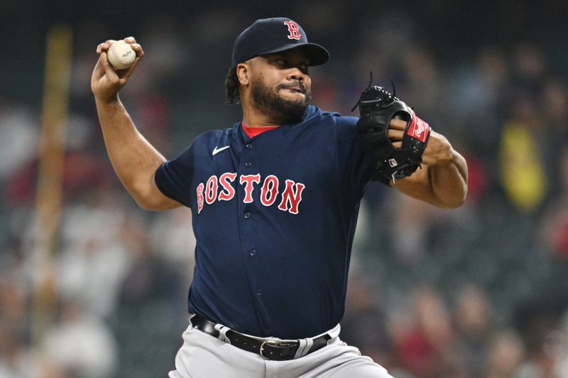 Jun 6, 2023; Cleveland, Ohio, USA; Boston Red Sox relief pitcher Kenley Jansen (74) throws a pitch during the ninth inning against the Cleveland Guardians at Progressive Field. Mandatory Credit: Ken Blaze-USA TODAY Sports