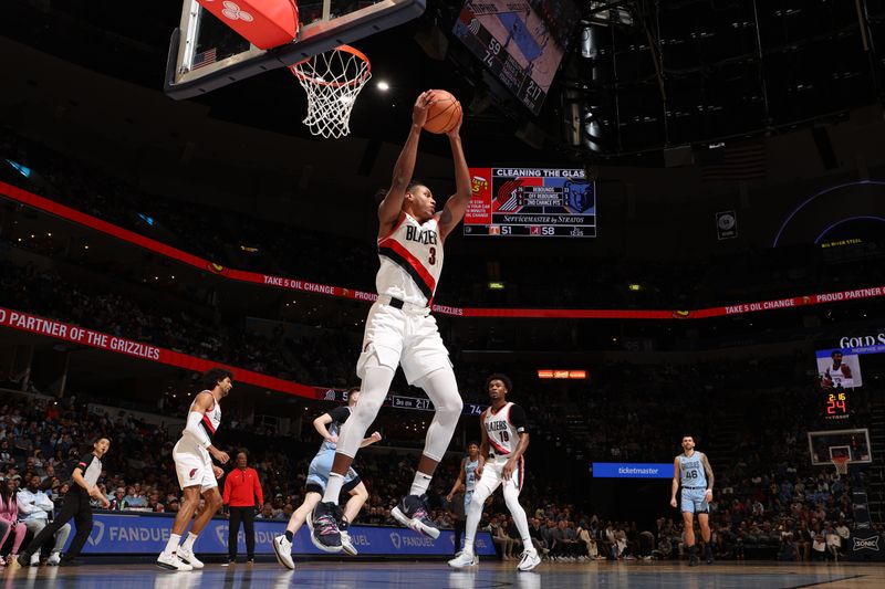 MEMPHIS, TN - MARCH 2: Jabari Walker #34 of the Portland Trail Blazers grabs a rebound during the game against the Memphis Grizzlies on March 2, 2024 at FedExForum in Memphis, Tennessee. NOTE TO USER: User expressly acknowledges and agrees that, by downloading and or using this photograph, User is consenting to the terms and conditions of the Getty Images License Agreement. Mandatory Copyright Notice: Copyright 2024 NBAE (Photo by Joe Murphy/NBAE via Getty Images)