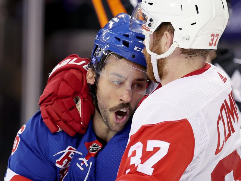 Nov 29, 2023; New York, New York, USA; New York Rangers center Vincent Trocheck (16) and Detroit Red Wings left wing J.T. Compher (37) fight during the second period at Madison Square Garden. Mandatory Credit: Brad Penner-USA TODAY Sports