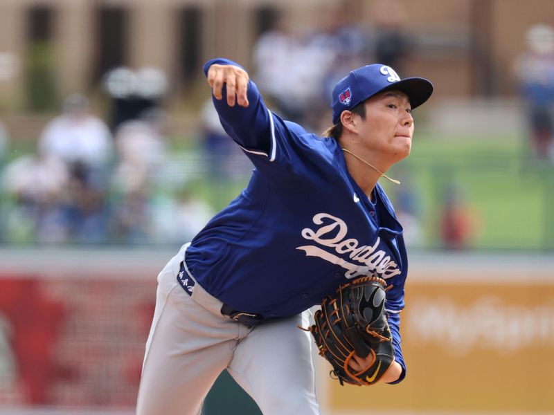 Mar 6, 2024; Phoenix, Arizona, USA; Los Angeles Dodgers pitcher Yoshinobu Yamamoto against the Chicago White Sox during a spring training baseball game at Camelback Ranch-Glendale. Mandatory Credit: Mark J. Rebilas-USA TODAY Sports