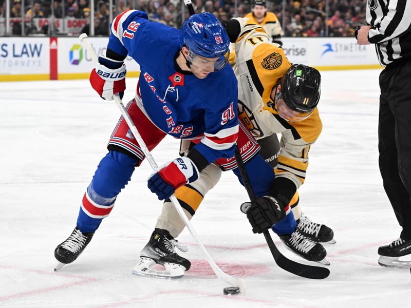 Mar 21, 2024; Boston, Massachusetts, USA; Face-off between New York Rangers center Alex Wennberg (91) and Boston Bruins center Trent Frederic (11) during the first period at the TD Garden. Mandatory Credit: Brian Fluharty-USA TODAY Sports