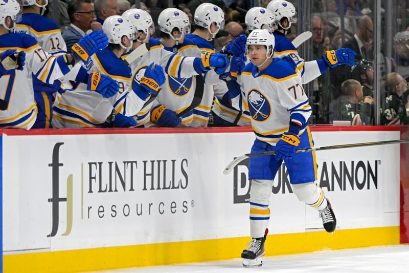 Mar 22, 2025; Saint Paul, Minnesota, USA;  Buffalo Sabres forward John-Jason Peterka (77) celebrates his goal against the Minnesota Wild during the third period at Xcel Energy Center. Mandatory Credit: Nick Wosika-Imagn Images