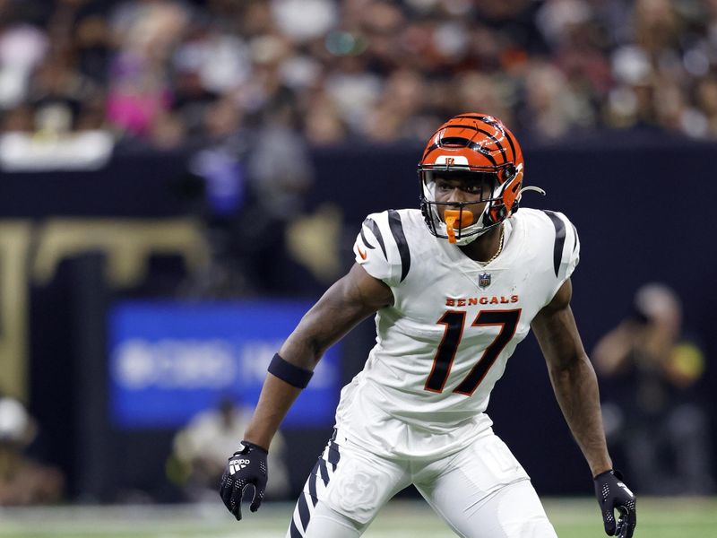 Cincinnati Bengals wide receiver Stanley Morgan (17) during an NFL football game against the New Orleans Saints, Sunday, Oct. 16, 2022, in New Orleans. (AP Photo/Tyler Kaufman)