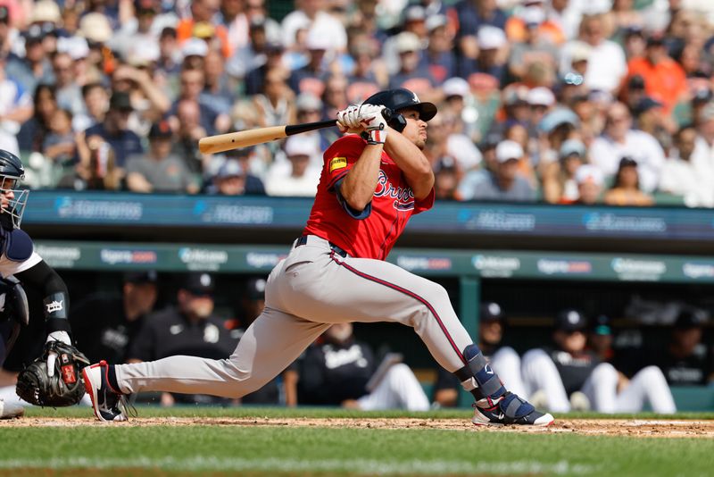 Sep 20, 2025; Detroit, Michigan, USA;  Atlanta Braves catcher Drake Baldwin (30) hits a two run home run in the third inning against the Detroit Tigers at Comerica Park. Mandatory Credit: Rick Osentoski-Imagn Images