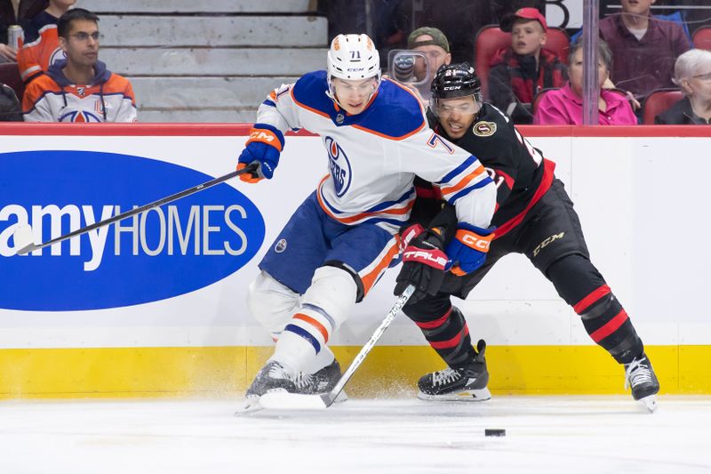 Mar 24, 2024; Ottawa, Ontario, CAN; Edmonton Oilers center Ryan McLeod (71) battles with Ottawa Senators right wing Mathieu Joseph (21) in the first period at the Canadian Tire Centre. Mandatory Credit: Marc DesRosiers-USA TODAY Sports