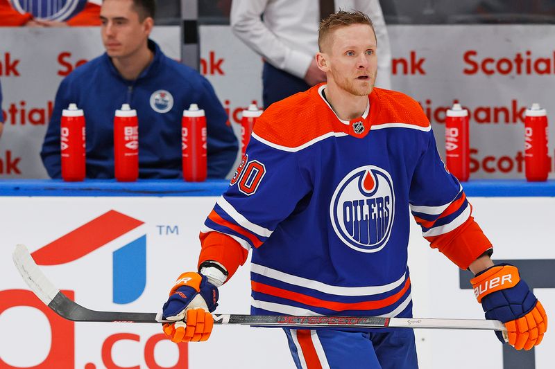 Jan 27, 2024; Edmonton, Alberta, CAN; Edmonton Oilers forward Corey Perry (90) skates during warmup against the Nashville Predators at Rogers Place. Mandatory Credit: Perry Nelson-USA TODAY Sports