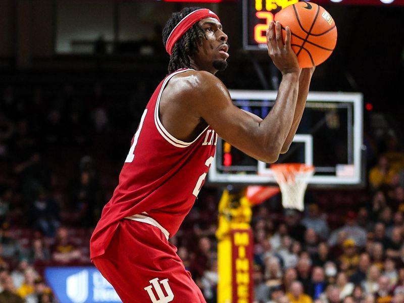 Mar 6, 2024; Minneapolis, Minnesota, USA; Indiana Hoosiers forward Mackenzie Mgbako (21) shoots against the Minnesota Golden Gophers during the second half at Williams Arena. Mandatory Credit: Matt Krohn-USA TODAY Sports