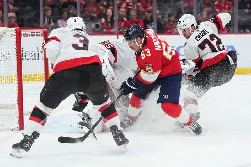 Oct 11, 2025; Sunrise, Florida, USA;  Florida Panthers left wing Brad Marchand (63) collides with Ottawa Senators goaltender Linus Ullmark (35) as defenseman Nick Jensen (3) and Thomas Chabot (72) defend on the play during the first period at Amerant Bank Arena. Mandatory Credit: Jim Rassol-Imagn Images