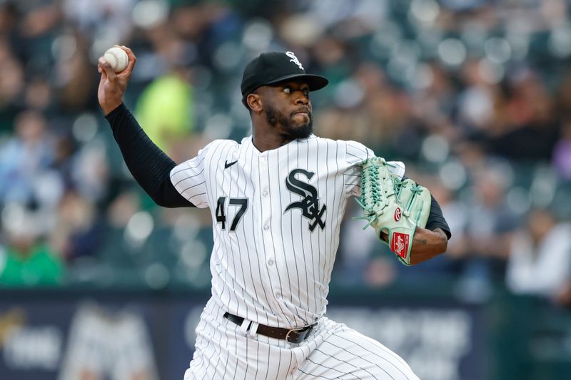 Sep 16, 2023; Chicago, Illinois, USA; Chicago White Sox starting pitcher Touki Toussaint (47) delivers a pitch against the Minnesota Twins during the first inning at Guaranteed Rate Field. Mandatory Credit: Kamil Krzaczynski-USA TODAY Sports